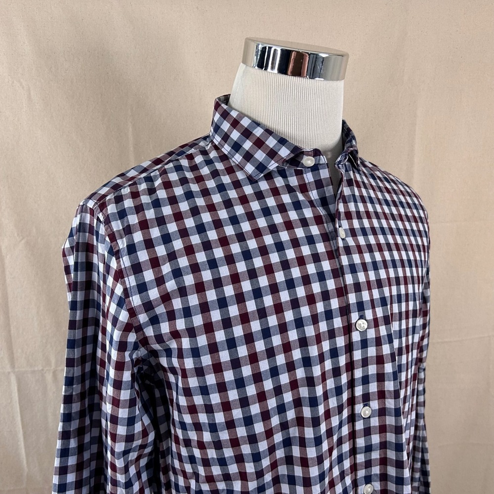 Bonobos Large Slim Fit Button Front Shirt Burgundy Blue Gingham Plaid Mens